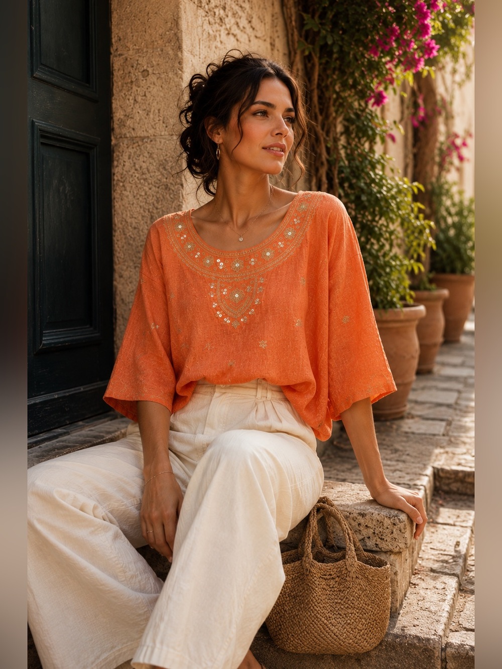 🧡 J.Jill 100% Linen Embroidered Top | Vibrant Orange | Size M